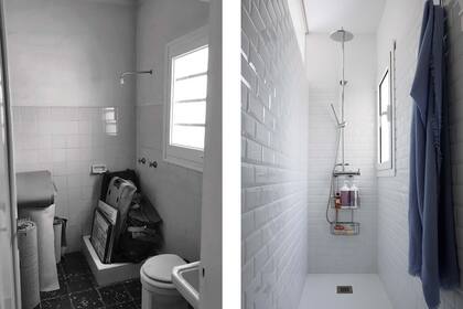 ANTES: el baño, cuadrado y reducido, estaba revestido con azulejos verdes y piso cerámico negro. La pequeña ducha estaba en un rincón. DESPUÉS: más amplio y desplazado de su ubicación original, se transformó en una ‘L’: esa decisión permitió hacer un cómodo box de ducha.