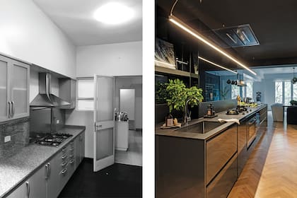 ANTES: una cocina cerrada, mal distribuida y peor iluminada. DESPUÉS: una funcional, elegante y totalmente integrada. Nuevo piso de roble (Arquisolado).