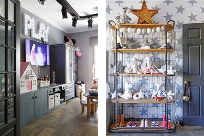 Sobre una base neutra, la nota la da una de las paredes con papel estampado (Berry Design). Estantería (Loly Albasini) con muñecos de tela (Mubabu Tienda).