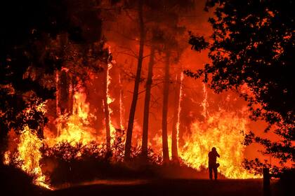 Incendio forestal cerca de Belin-Beliet, suroeste de Francia, durante la noche del 11 de agosto de 2022. 
