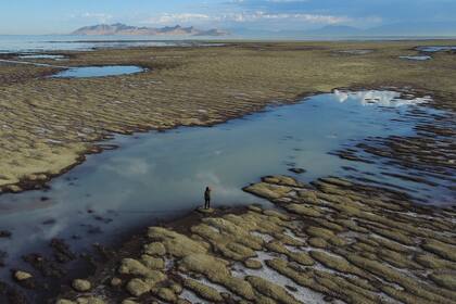 Angelic Lemmon, guardaparques del Departamento de Recursos Naturales de Utah, camina a través de estructuras parecidas a arrecifes llamadas microbios, expuestas por el retroceso de las aguas en el Gran Lago Salado, el 28 de septiembre de 2022, cerca de Salt Lake City.