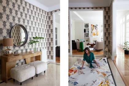 Consola de cuero laqueado y banquetas de piel (Harturo). Espejo diseñado por Rosario. Lámpara traída de un viaje a Nueva York.