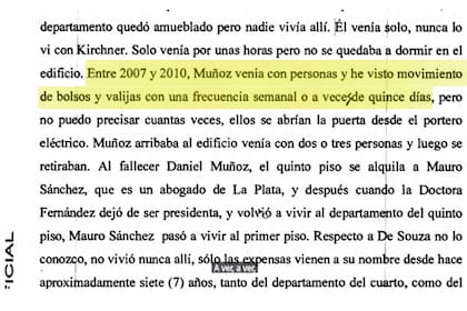 Fragmento de la declaración testimonial anterior, en instrucción, del encargado del edificio de Cristina Kirchner