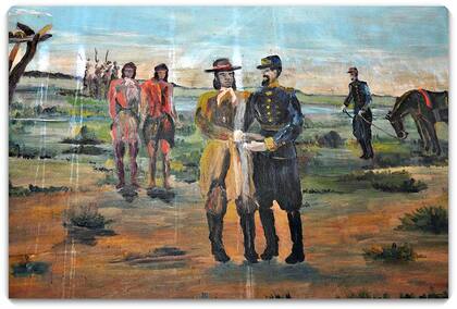 Fragmento del óleo pintado Juan Carlos Lassalle que muestra el encuentro entre Mansilla y Mariano Rosas. Hoy se ve en la escuela agrotécnica de Victorica, La Pampa.