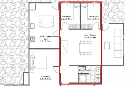 Fragmento del plano de la "casa del puentecito"; en rojo las dimensiones originales de la cabaña que construyó De Lemoine