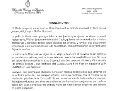 Fragmento del proyecto de declaración presentado en la Cámara de Diputados bonaerense sobre la película en la que participó el juez Saettone