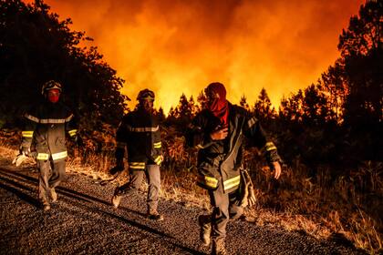 Los bomberos trabajan en el lugar de un incendio forestal cerca de Belin-Beliet, en el suroeste de Francia, el 11 de agosto de 2022.
