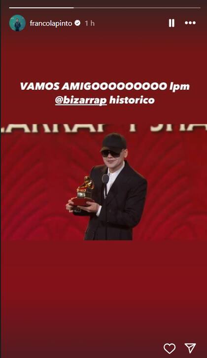 Franco Colapinto celebró el triunfo de Bizarrap en los Latin Grammy (Foto: Instagram: @francolapinto)