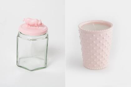 Frasco con tapa en rosa pálido y vela en fanal de cerámica, todo de Blanc