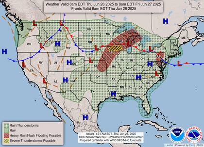 Frente estacionario genera doble amenaza: calor extremo en el este mientras lluvias torrenciales saturan suelos en Kansas, Iowa y Michigan, con riesgo de inundaciones repentinas en zonas ya afectadas
