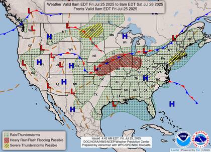 Frente estacionario y onda corta generarán tormentas severas desde Kansas hasta el Noreste, con riesgo de inundaciones en suelos ya saturados de Missouri, Illinois e Indiana