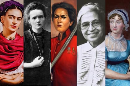 Frida Kahlo, Marie Curie, Juana Azurduy, Rosa Parks y Jane Austen