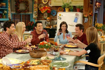 Friends. serie. Sitcom. Protagonizada por Jennifer Aniston, Courteney Cox, Lisa Kudrow, Matt LeBlanc, Matthew Perry y David Schwimmer