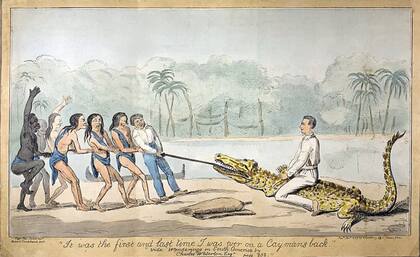 "Fue la primera y última vez que estuve en el lomo de un caimán", dice esta imagen de una famosa aventura de Waterton ocurrida durante su viaje a Demerara (Guyana) en 1820. Lo acompañan nativos y esclavos negros... uno de ellos era ese hombre sin nombre