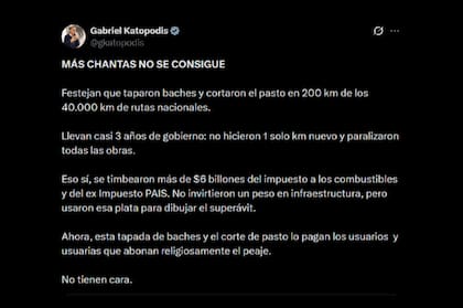 El posteo de Gabriel Katopodis sobre un tuit de la cuenta Oficina de la Respuesta Oficial la reconstrucción de rutas