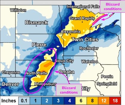 Fuertes tormentas de nieve desde la zona central de las Llanuras hasta Minnesota Arrowhead