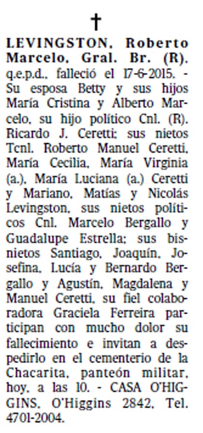 Murió Roberto Marcelo Levingston LA NACION