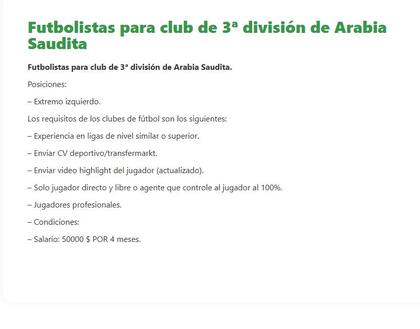 Furor por una búsqueda laboral: un club del fútbol de ascenso de Arabia Saudita ofrece US$50.000 por solo cuatro meses de trabajo