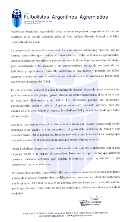 Futbolistas argentinos agremiados publicó este martes un comunicado contra Estudiantes luego de que los jugadores del Pincha le dieran la espalda a los futbolistas de Central el último domingo