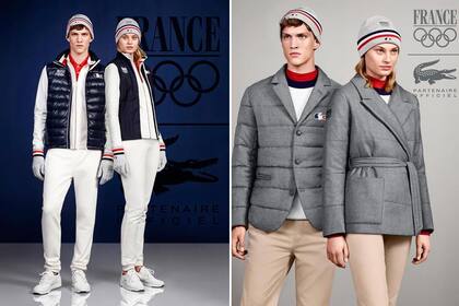 Gabardinas azul marino, impermeables con capucha blancos, remeras polo y la bandera francesa bordada sobre el mítico cocodrilo de la marca