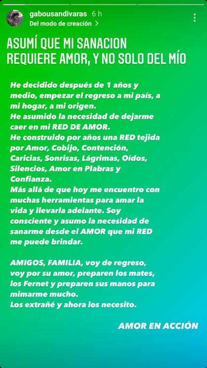 Gabo Usandivaras anunció en sus redes sociales que volverá a vivir a Argentina
