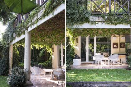 Galería perfumada: por las columnas se trepan jazmines de leche que, en noviembre, son todo flor y aroma exquisito. La rodea una expansiva ampelopsis que tiñe de rojizos el otoño y de distintos tonos de verdes la primavera y el verano.