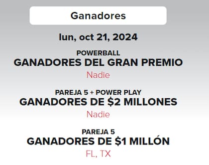 Ganadores de la lotería Powerball del lunes 21 de octubre