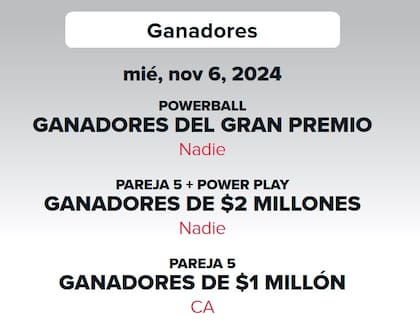 Ganadores del último sorteo de Powerball, este miércoles 6 de noviembre.