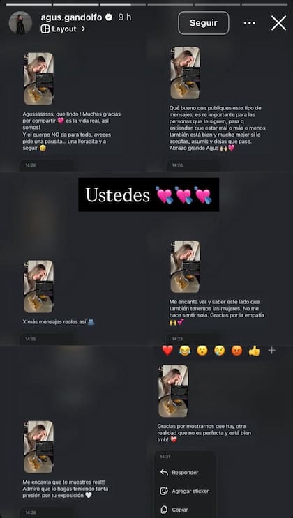 Gandolfo compartió los mensajes de apoyo que recibió (Foto: Instagram @agus.gandolfo)