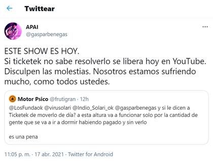 Gaspar Benegas, guitarrista de Los Fundamentalistas del Aire Acondicionado, anticipó en Twitter la posibilidad de que el show se transmitiera gratis en YouTube.