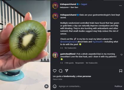 Gastroenteróloga de Harvard comparte por qué deberías comer más kiwi. Instagram / @trishapasrichamd