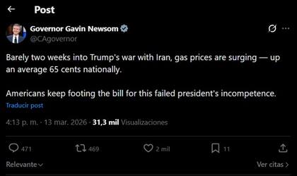 Gavin Newsom acusa a Donald Trump por el aumento de la gasolina