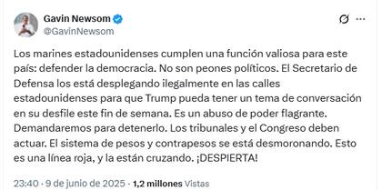 Gavin Newsom advierte que la democracia estadounidense se basa en un gobierno civil, no militar