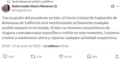Gavin Newsom advirtió que las autoridades locales monitoreaban cualquier repercusión por los ataques en el Estado Dorado