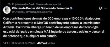 Gavin Newsom celebró el rol de California en la misión Artemis II