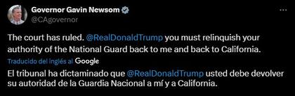 Gavin Newsom celebró la victoria ante Donald Trump por la Guardia Nacional en Los Ángeles
