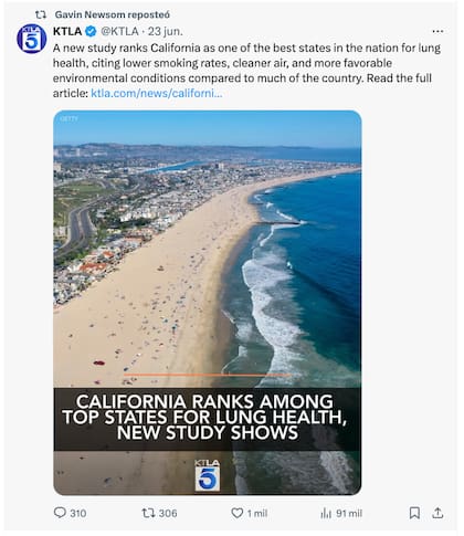 Gavin Newsom compartió los resultados del estudio en su perfil