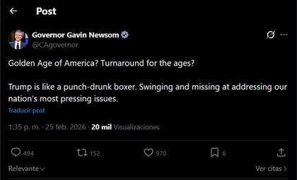 Gavin Newsom contra Trump tras el discurso del Estado de la Unión