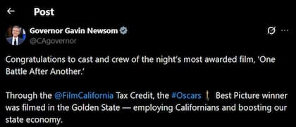 Gavin Newsom destaca la participación del estado en la película ganadora del Oscar
