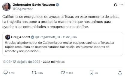Gavin Newsom destacó que el envío de recursos no compromete la capacidad de respuesta de su estado ante incendios y desastres locales