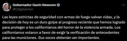Gavin Newsom estalla contra el fallo: "Un duro golpe al progreso contra la violencia armada"