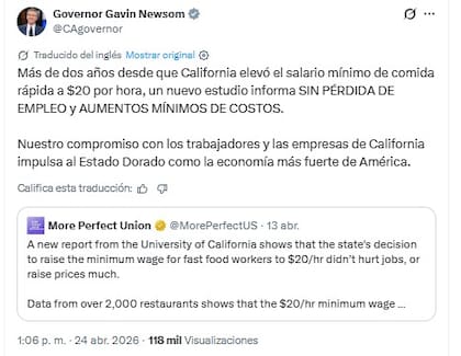 Gavin Newsom, gobernador de California, defiende que el aumento del salario para los trabajadores de comida rápida no se tradujo en pérdida de empleados