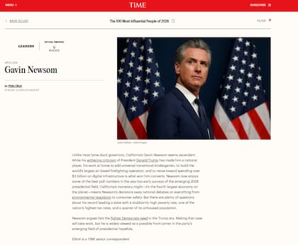 Gavin Newsom integra el TIME100 2026 en la categoría Líderes
