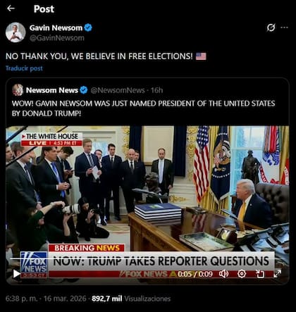 Gavin Newsom le respondió a Donald Trump luego de que este lo llamara "presidente de EE.UU." y cuestionara su capacidad intelectual