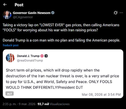 Gavin Newsom llama a Donald Trump estafador