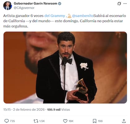 Gavin Newsom mostró semanas antes su apoyo a Bad Bunny tras ganar tres Grammys, entre ello a Mejor Álbum del Año