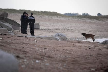 Gendarmes de la unidad canina patrullan la playa en Neville sur Mer, noroeste de Francia, el 2 de marzo de 2023. (Lou BENOIST / AFP)