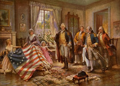 George Washington había diseñado la primera bandera estadounidense el mismo año de la declaración de independencia, en 1776 (pintura de Edward Percy Morgan).