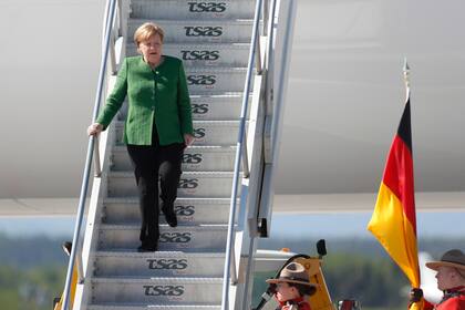 German Chancellor Angela Merkel arrives at Canadian Forces Base Bagotville for the G7 summit on June 8, 2018.
