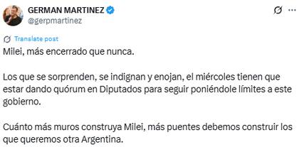 Germán Martínez criticó el acto de Javier Milei (@gerpmartinez)